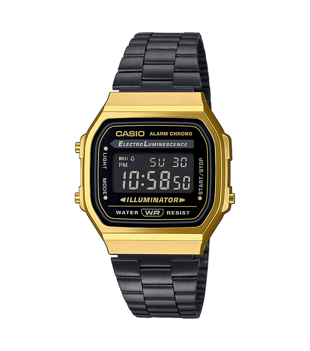 A168WEGB-1B — black and gold stylish retro